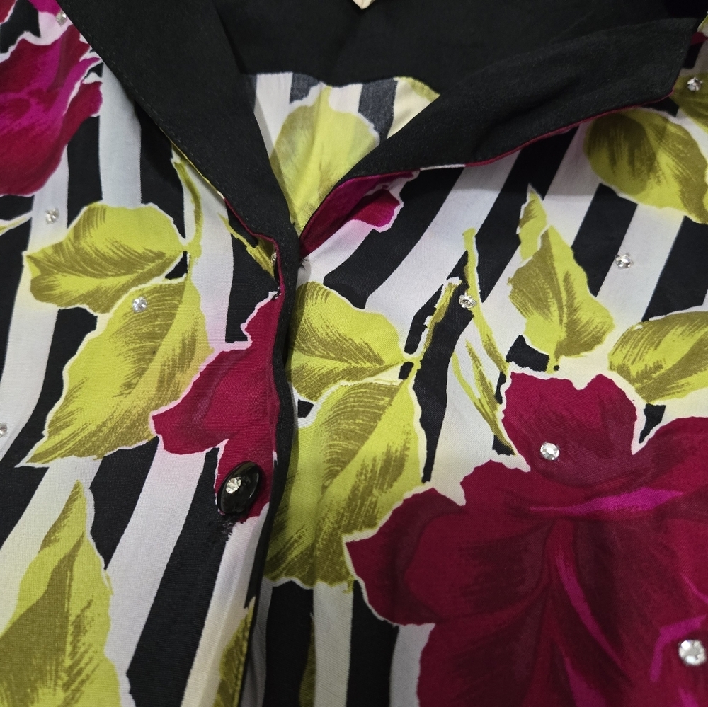 Vintage Saint Germain Paris Black Multicolor Stripes Floral Print Jumpsuit SZ 8 - Picture 8 of 10